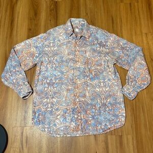 120% Lino Casual Blue and Orange Button Down Shirt with Floral Print